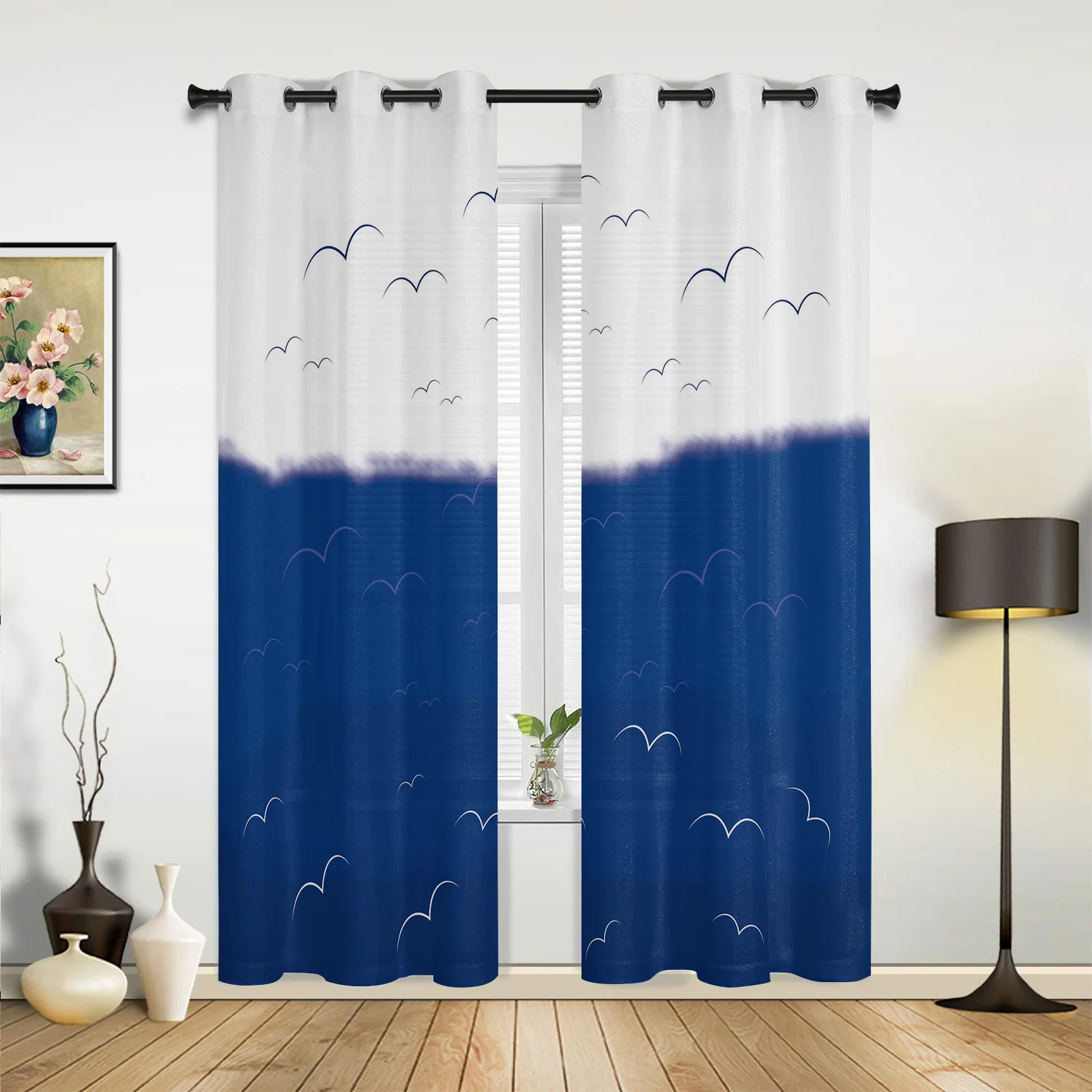 Gradient Sky Watercolor Flying Bird  Curtains in Kitchen Living Room Modern Design Home Decoration Printed Drapes for Balcony