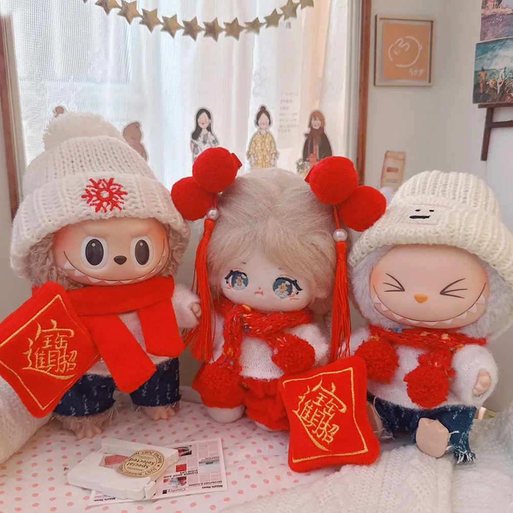 Mini Doll'S Clothes Outfit Accessories for Labubu 15-17cm Cotton Doll White Sweater Red Scarf New Year Pants Clothes Gift