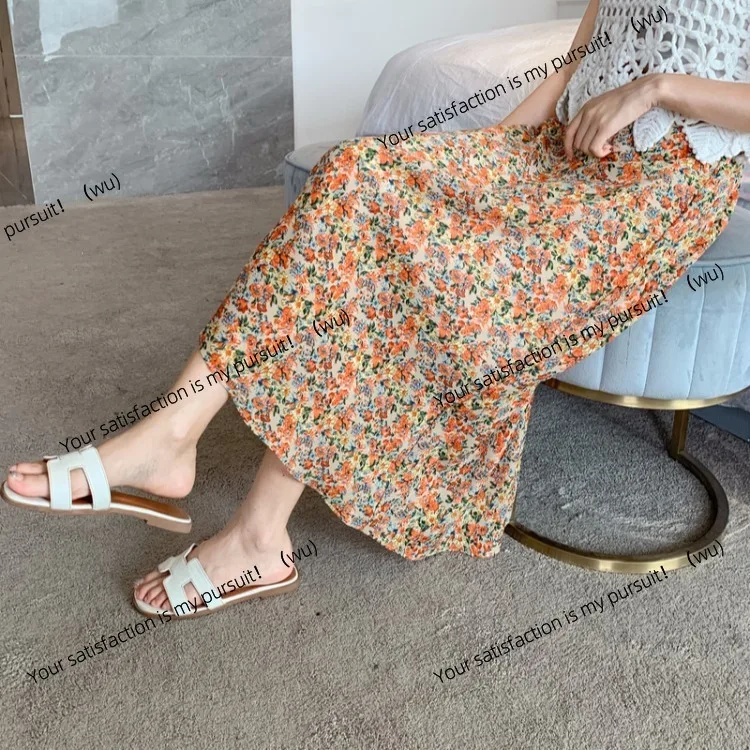 Rok bunga musim semi dan musim gugur pakaian wanita rok draperi rok sedang dan panjang sifon pinggang tinggi