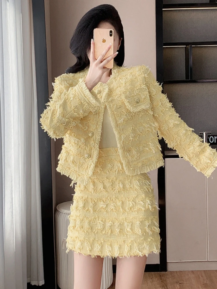 

Tweed Women's Spring and Autumn O-neck Long-sleeved Jacket High Waisted Short Skirt Fashion Two-piece Set Korean Chic