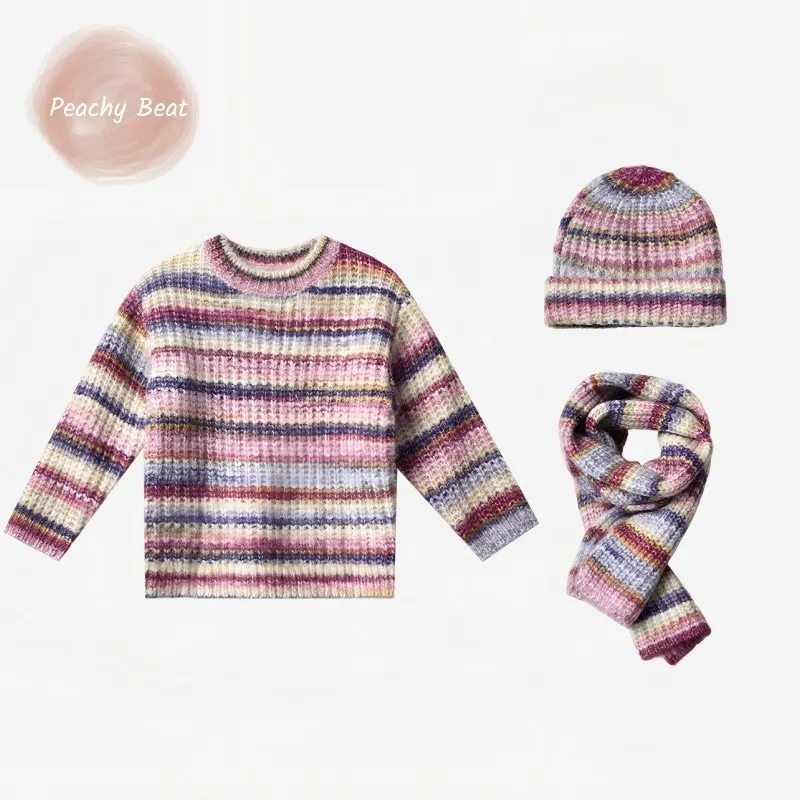 

Fashion Baby Girl Multicolour Knitted Sweater+Scarf+Hat 3PCS Infant Toddler Child Clothes Set Autumn Winter Baby Clothes 1-7Y