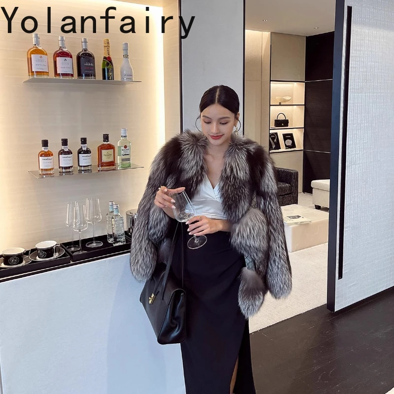 

YOLANFAIRY whole skin fox fur coat women Medium style winter round collar silver fox original color real fur jacket female 2025