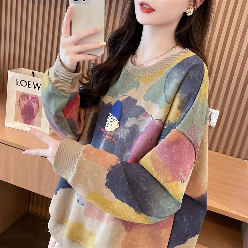 Early autumn design sense niche hoodie women spring autumn 2024 new Korean version of loose large size small tie-dye top