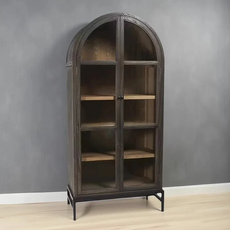 American solid wood arched bookcase household glass door display cabinet