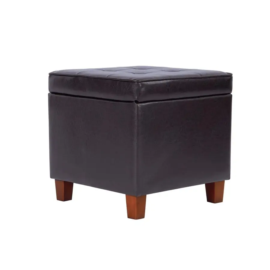 Leatherette Tufted Square Storage Ottoman with Hinged Lid, Brown Small