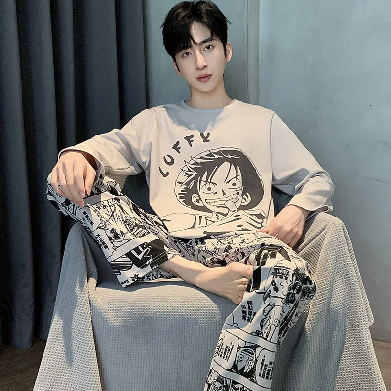 

Pure ONE PIECE Luffy 2024 New Autumn Cotton Men's Teen Pajamas Cartoon Crew Neck Loose Loungewear Long Sleeve Pants Set