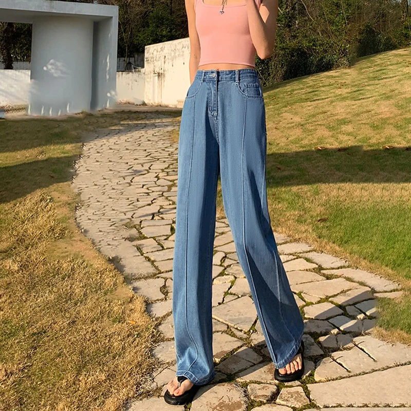 Jean coréen taille haute à jambes larges pour femme, pantalon droit ample et confortable, Style de rue rétro, en Denim délavé, automne