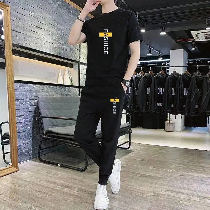 

T-shirts Pants Suits for Men Black Workout Set Stylish Slim Fit Regular Trendy Two Piece Polyester Cool Tee Man Trousers Sets