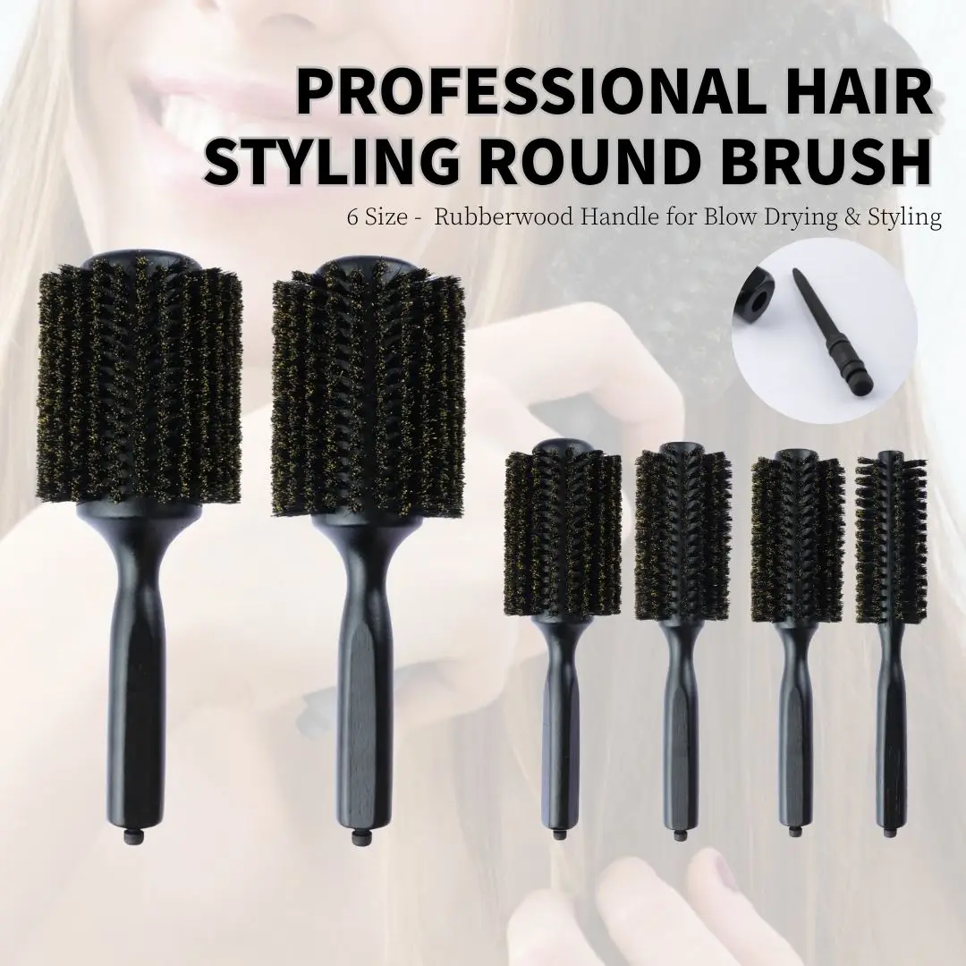 

New 6 Sizes Black Wood Handle Boar Bristles Round Hair Brush Removable Tail Hairdressing Brush Pro Salon Barber Hair Round Comb