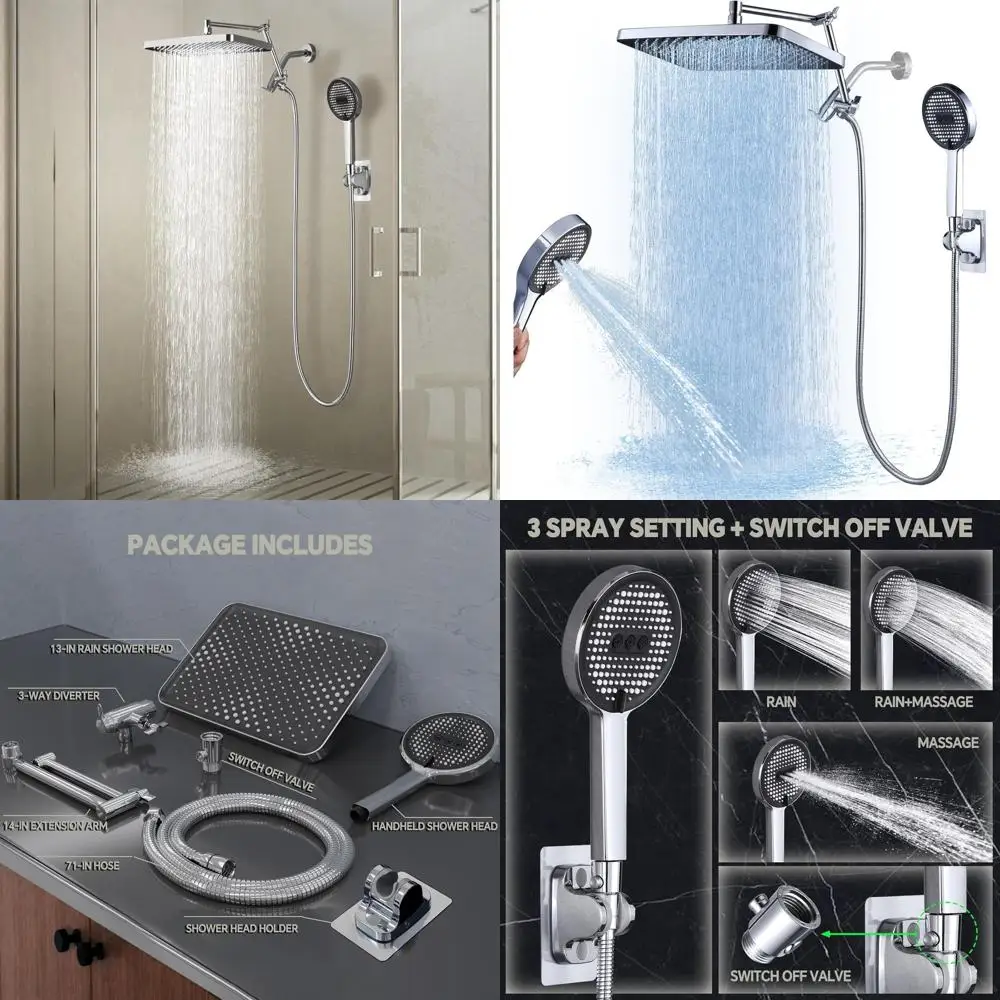 

13-дюймовый душевой комплект класса люкс с ручной лейкой, широким охватом, двойной душевой лейкой, выдвижной штангой, отделкой из полированного хрома