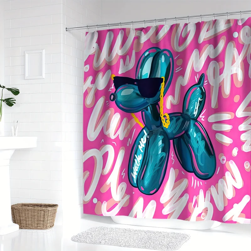 Whimsical Waterproof, Balloon Dog Art Graffiti Shower Curtain - Waterproof Polyester, Machine Washable with Hooks Included, Perf