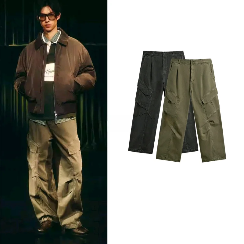 

Новые мужские повседневные брюки прямого кроя с плиссировкой, свободные, с эффектом потертости, на молнии, со средней посадкой, из полиэстера, весна