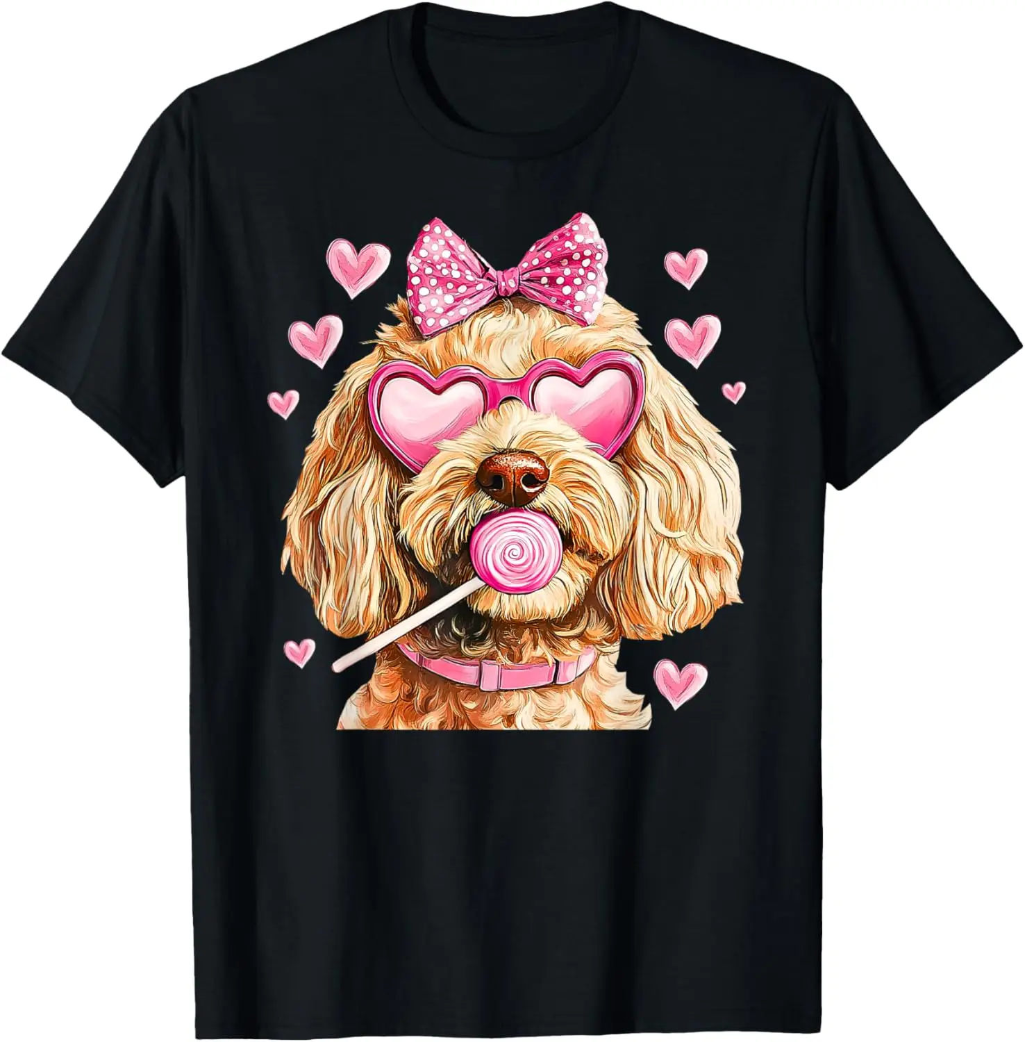 تي شيرت لطيف من Goldendoodle Puppy Valentines Lollipop جرافيك من القطن الناعم كاجوال للارتداء اليومي
