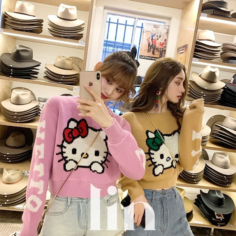 

Свитер Hello Kitty для девочек Sanrios, аниме Kawaii, свитер с круглым вырезом и длинными рукавами, осенний мягкий, милый, свободный, студенческий, милый, короткие топы