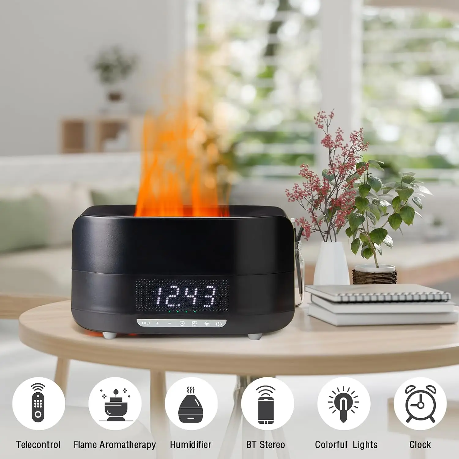 Aroma Essential Oil Diffuser , 5-in-1 Flame Effect Ultrasonic Diffuser with Bluetooth Speaker, LED Night Light & Clock