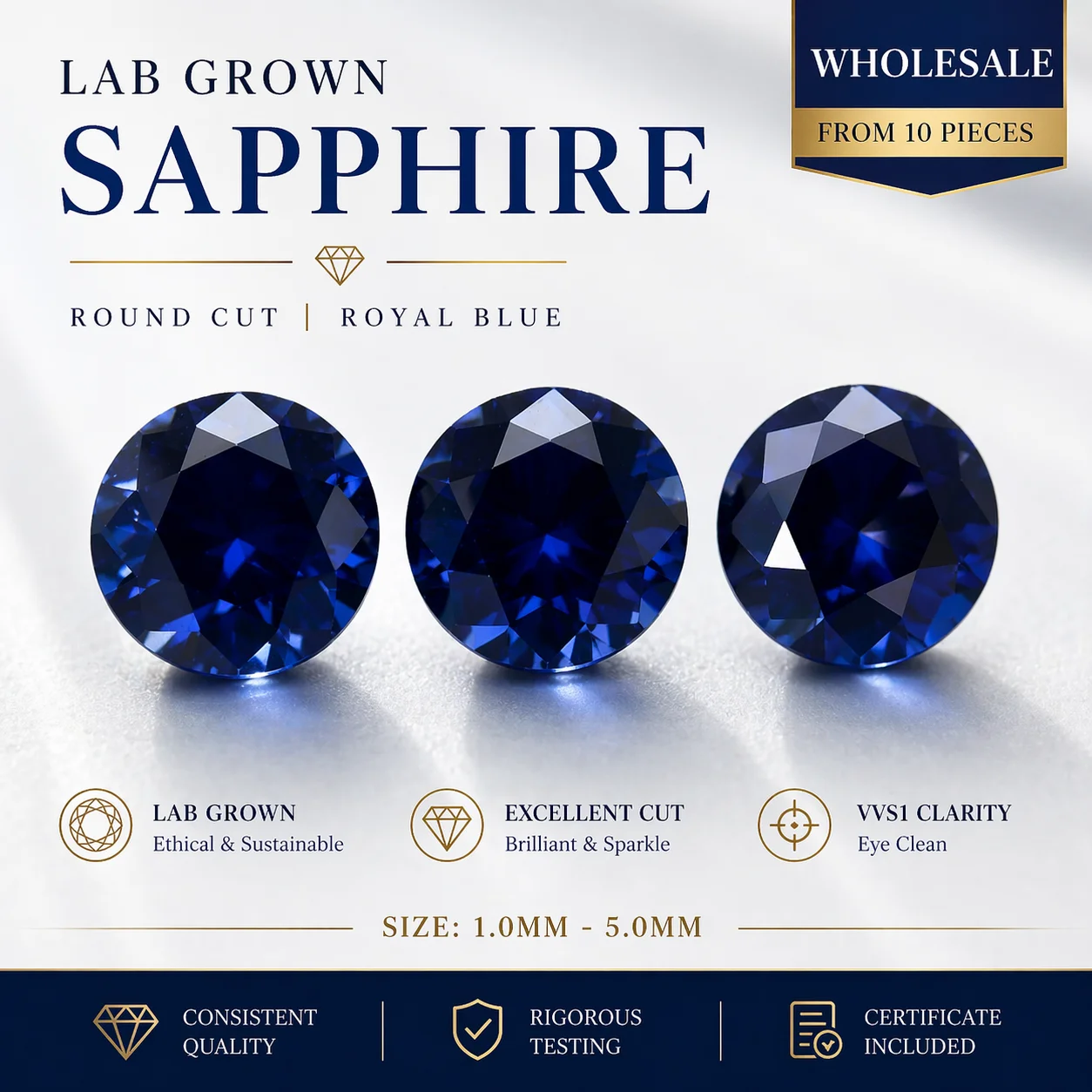 

High Quality Wholesale Starting From 10 Pieces small size 1.0-5.0mm Lab Grown Sapphire Round Cut Royal Blue Without Certificate