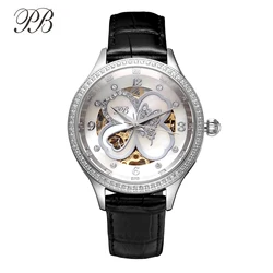 Princess Butterfly Luxury Mechanical Watches for Women Original Crystal Butterfly Four Leaf Clover Ladies Watch Leather Strap