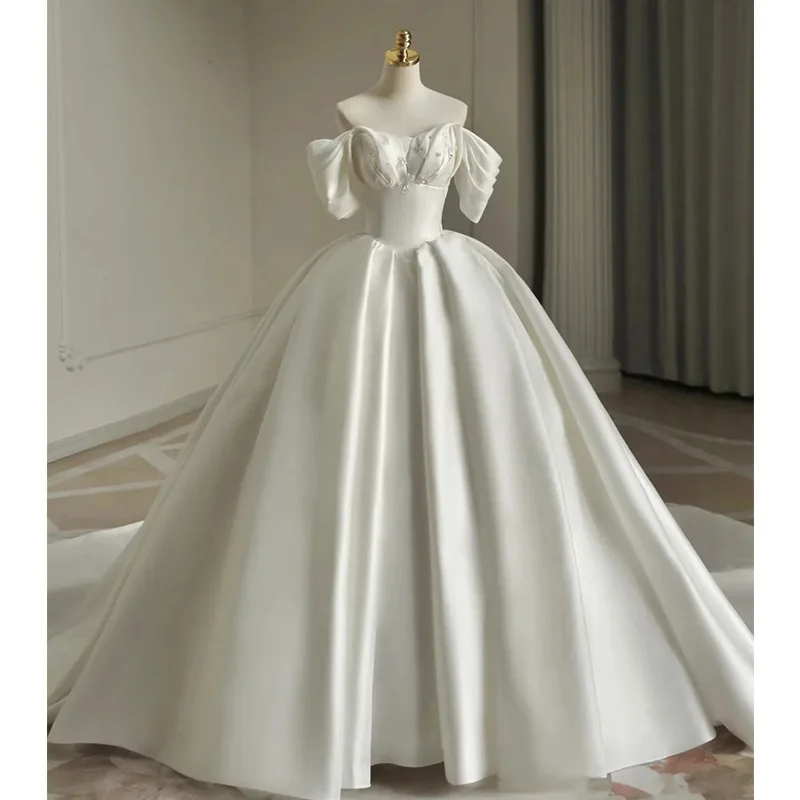 

Off-shoulder Main Bride New Heavy Craft High-quality Texture Exit Veil Satin Long Train Wedding Dress Ball Gown Wedding Dresses