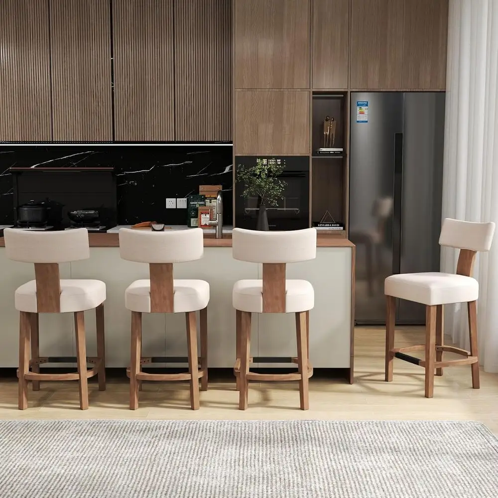 

Set of 4 Modern Farmhouse Bar Stools, Counter Height with Backrest and Wood Legs, Beige Upholstered Kitchen Island Chairs