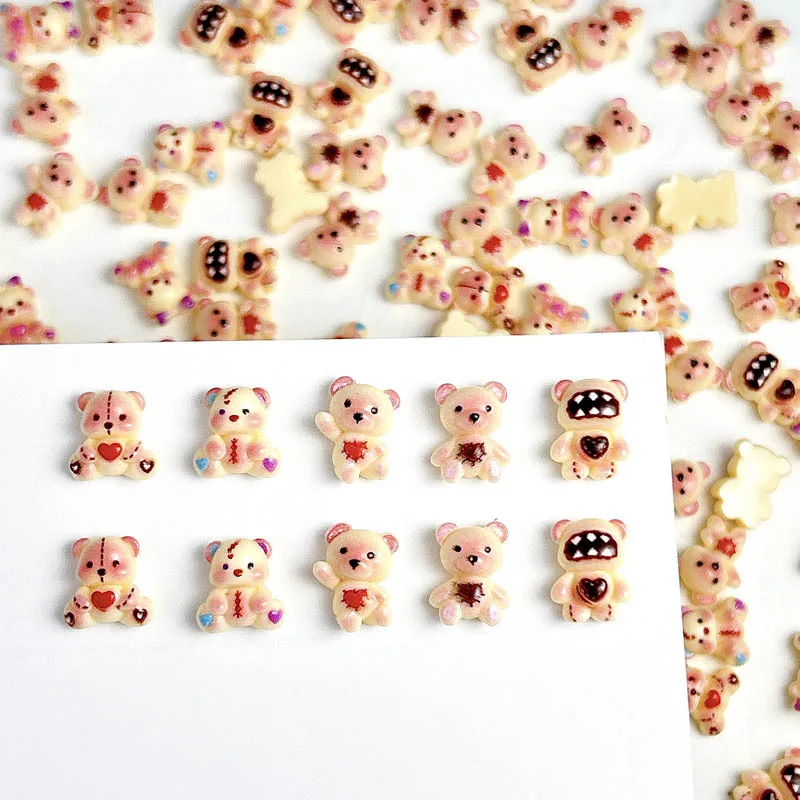 30PCS Resin Cartoon  Heart Teddy Bear Nail Art Charms 3D Cute Powder Blusher Bear Nail Decoration Accessories for DIY Manicure
