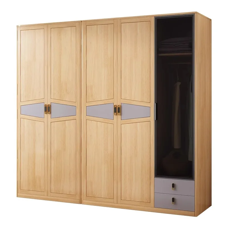 Modern simple   solid wood wardrobe two doors three doors Nordic small apartment bedroom glass door large wardrobe