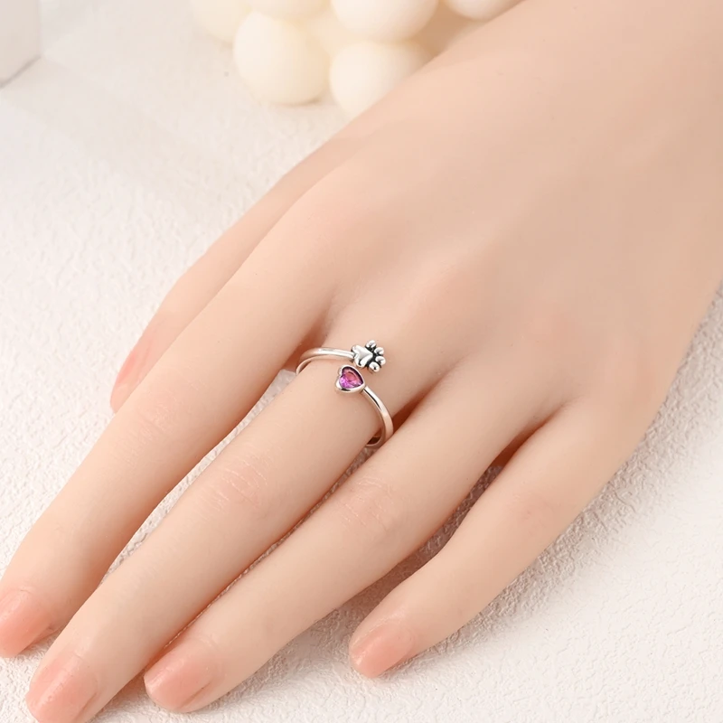 Original 925 Sterling Silver Paw Print Love Open Rings For Women Girls Jewelry Birthday Anniversary Gifts