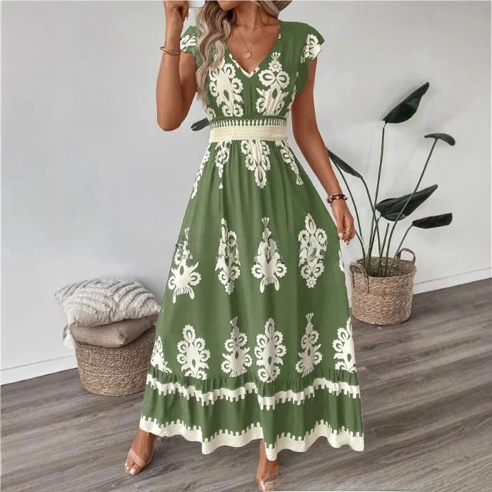 فستان نسائي صيفي 2025 بتصميم واسع وطباعة أنيقة لعطلة الشاطئ، خصر مطاطي، محبوك من البوليستر السميك، وصول جديد #1