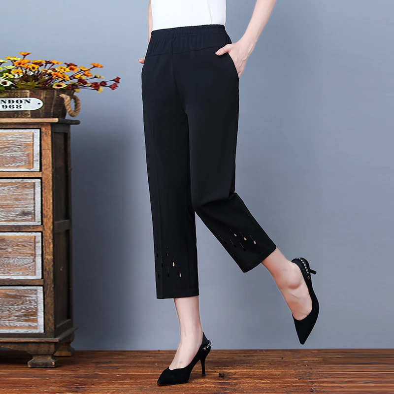 Nuevos pantalones de verano para mujer, pantalones informales elásticos de cintura alta, pantalones para mamá de mediana edad, Pantalones rectos de seda helada de talla grande para mujer 8XL