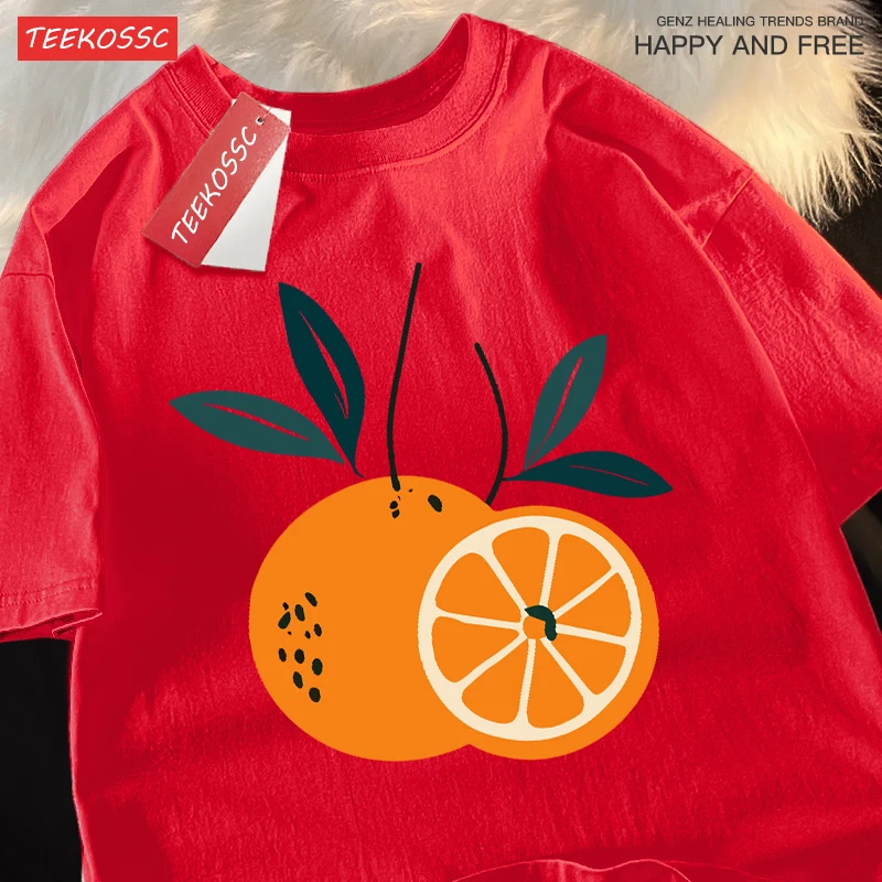 맛있는 오렌지 패턴 프린트 Y2K 멋진 여성 티셔츠 오버사이즈 코튼 티셔츠 트렌디 여름 스포츠웨어 스트리트 스포츠 의류