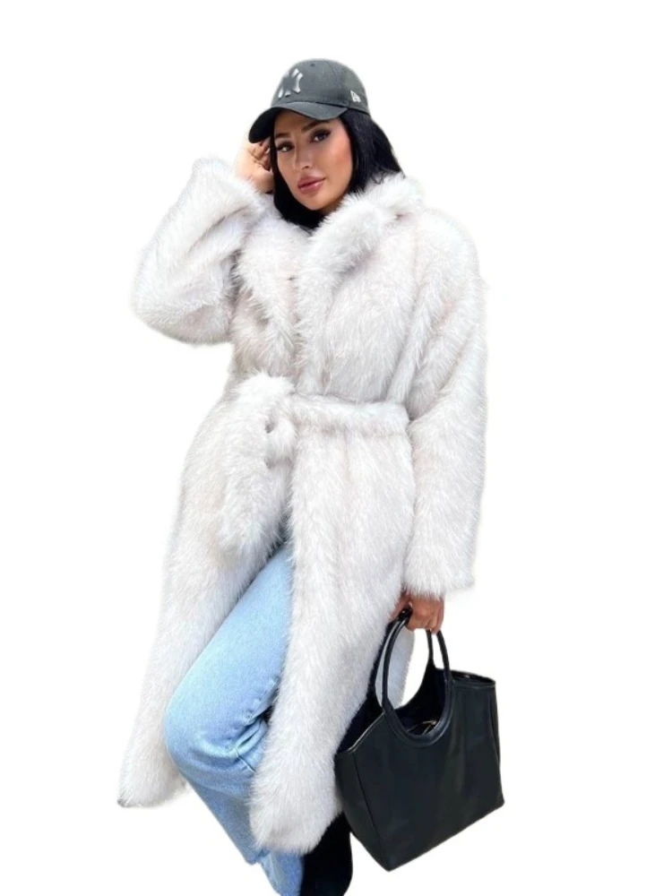 معطف نسائي طويل بحزام غير رسمي من الفرو الصناعي معطف حضري بأكمام كاملة وجيب على شكل طية صدر السترة ملابس خروج نسائية سميكة لشتاء 2025 سترات خارجية جديدة للسيدات