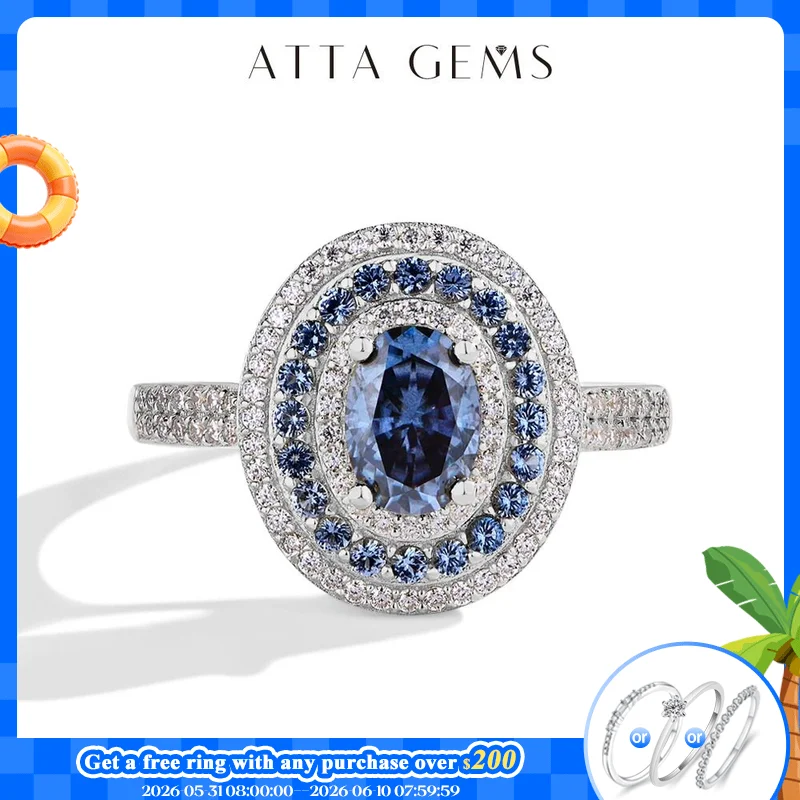 ATTAGEMS Blue Moissanite Women Rings Oval Cut 1.0CT Real S925 Sterling Silver Jewelry For Wedding Engagement Ring With Certified