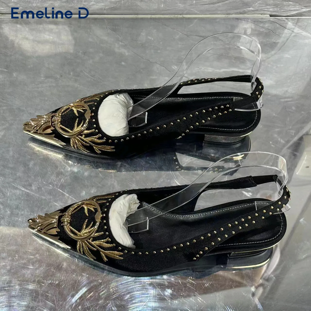 Metal Pointed Ring Back Pumps Rivet Decoration Embroidery Personality Sandals Large Size Fashion Trend Women's Shoes