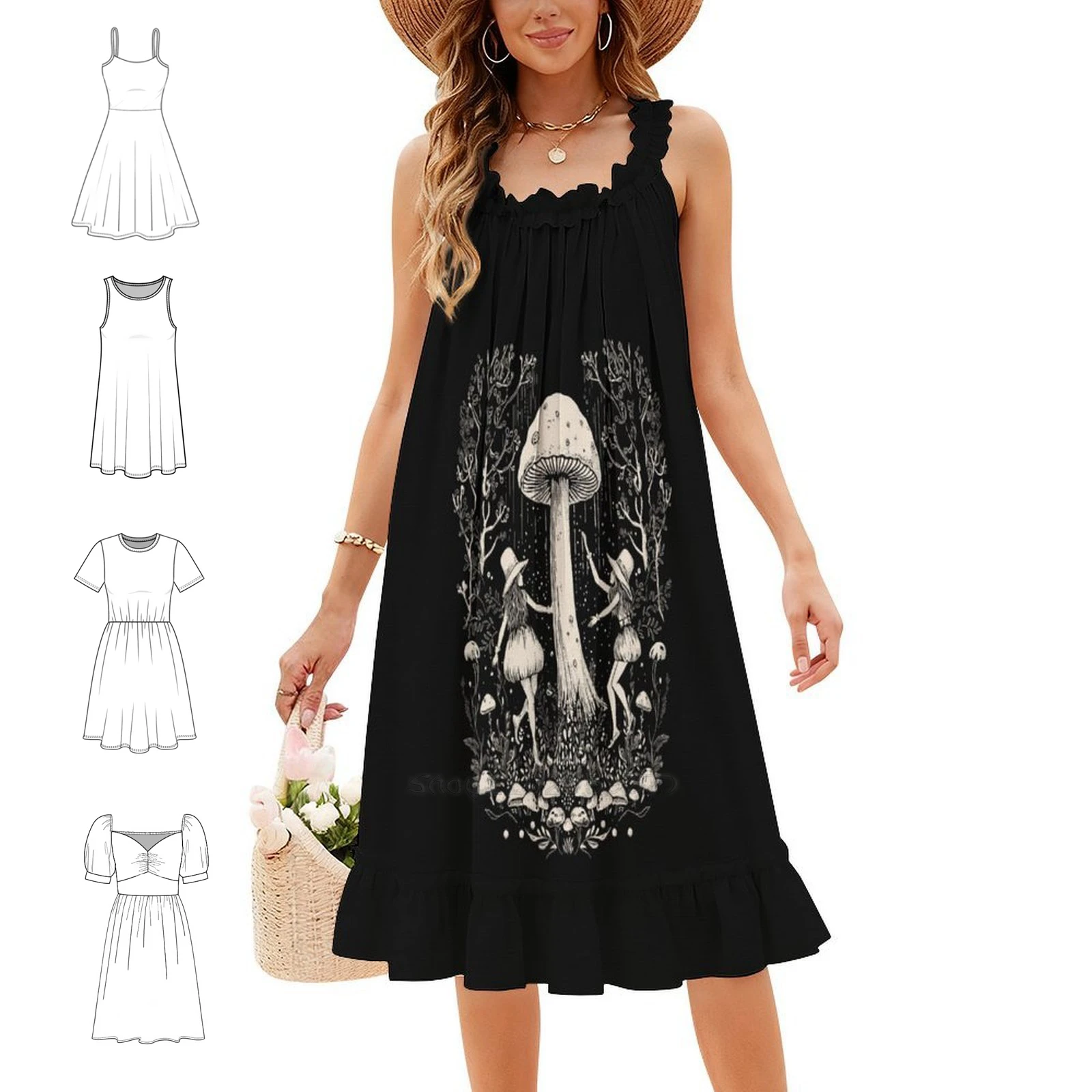 Dancing Fairies Women's Elegant Party Dress A-Line Dress With Short/Long/Sleeveless Options Mushroom Witches Fairies Funghi