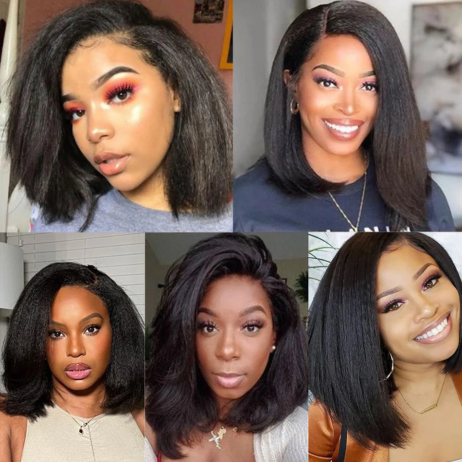 Kinky Straight Short Bob 100% Human Hair Wig for Women 13x4 Front Transparent Lace Glueless Peruvain Remy Hair Soft Yaki Bob Wig