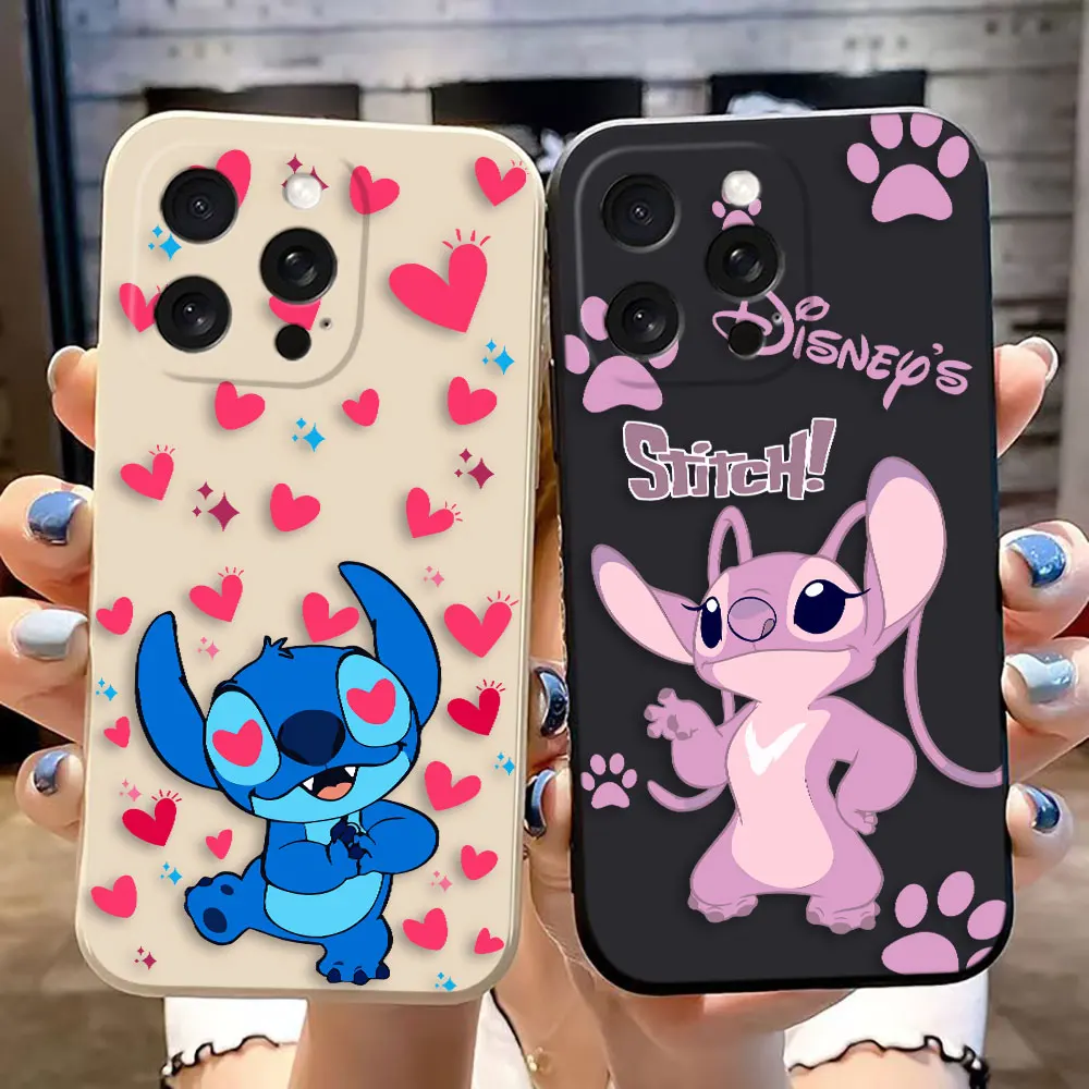 Happy Disney Stitch Angel Cover Phone Case For Apple iPhone 16 15 14 13 12 PRO MAX PLUS Colour Silicone Case Funda Coque Shell