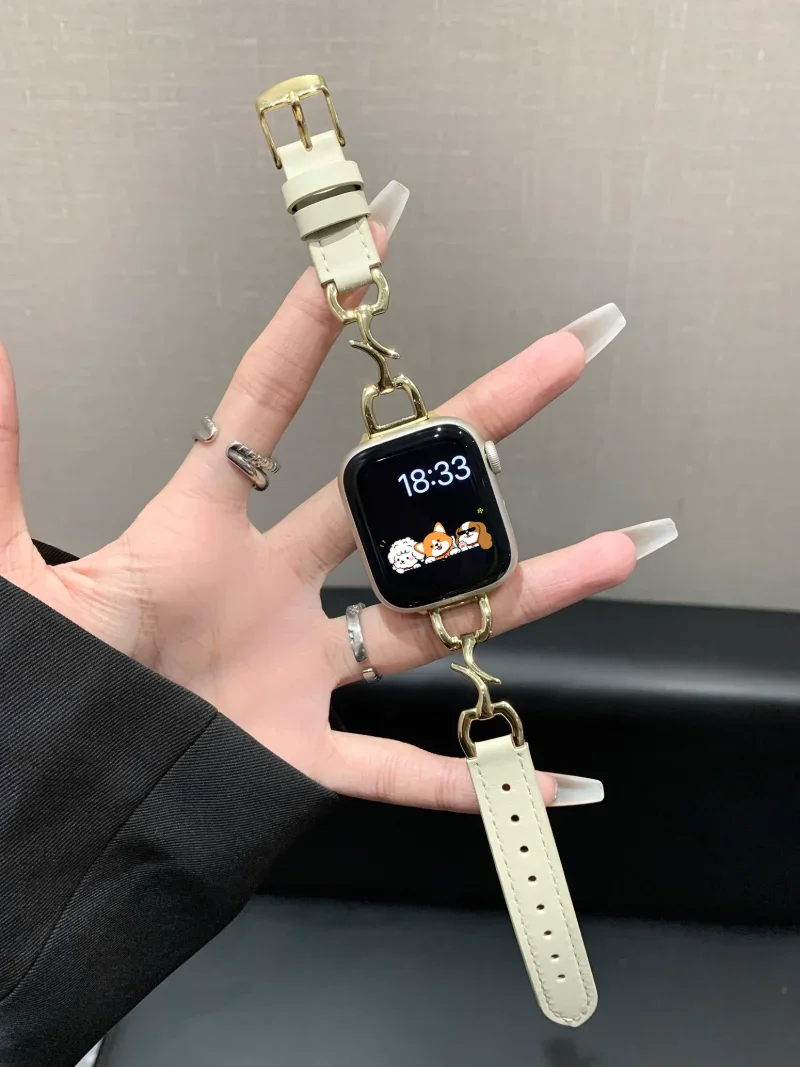 

Роскошный кожаный ремешок для iWatch Series 8 7 6 5 4 3 SE, женский тонкий браслет из нержавеющей стали для Apple Watch 41 мм 40 мм 45 мм 44 мм 49 мм