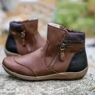

Large Size Short Boots Double Zipper Flat Bottom Booties for Women Winter Casual Comfortable Footwear Polyurethane