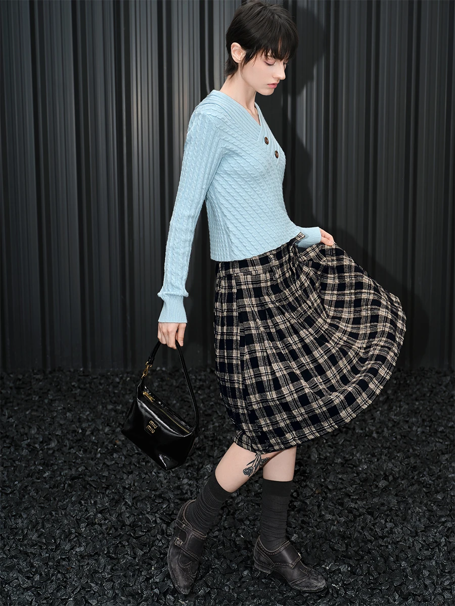 

Huiqing Wool Plaid Skirt Women's Loose Design Retro Sle Autumn New Faion High Waist A-Line Skirt Street Sle