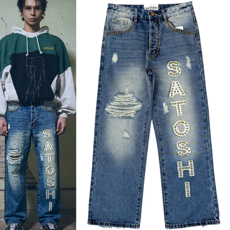 SATOSHI NAKAMOTO Men Blue Straight Jeans Front Rivet Letter Print Distressed Ripped Street Denim Pants