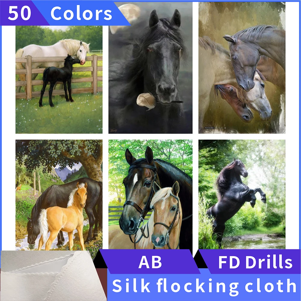 

50 Colors 5D Diamond Painting Black Horses Silk Cloth Square Diamond Embroidery Rhinestone Diamond Mosaic Painting Cross Stitch