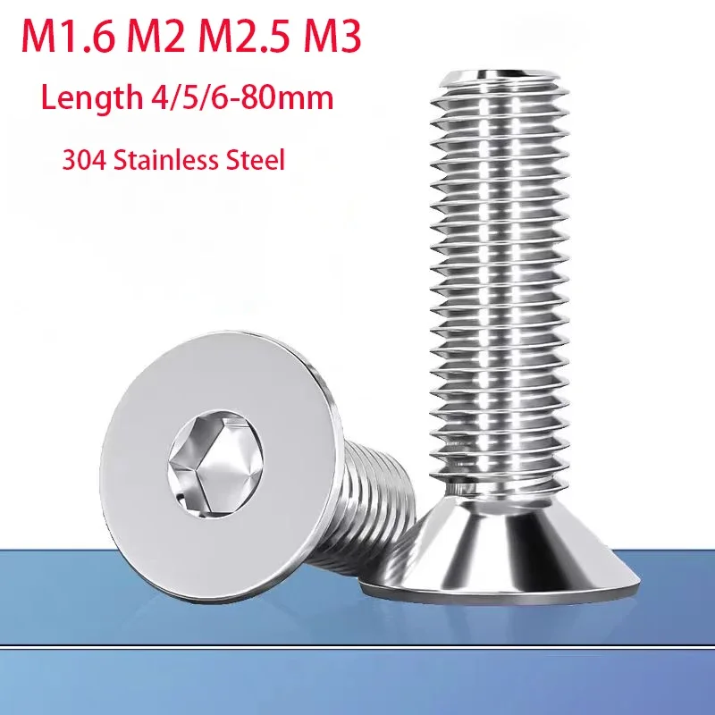 Hexagon Socket Flat Countersunk Head Screw M1.6 M2 M2.5 M3 304 Stainless Steel Hex Socket Bolts Machine Screws Length 4/5/6-80mm