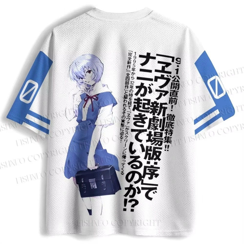 Rei Ayanami & Evangelion Unit-00 Jersey E.V.A & NERV Logo Print V-Neck Short Sleeve T-shirt  Anime Mecha Fan Casual Streetwear