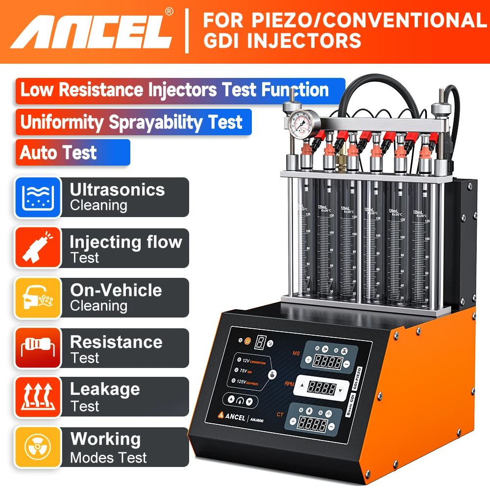 

Ультразвуковой очиститель-тестер топливных форсунок ANCEL ANJ600 GDI Piezo для 6-цилиндровых двигателей, 220В, для обслуживания автомобилей и мотоциклов