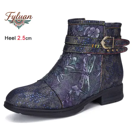 Autumn Winter Ethnic Embossed 3D Painting Genuine Leather Women's Ankle Boots Zipper Belt Buckle Thick Heels Ladies Pumps Shoes