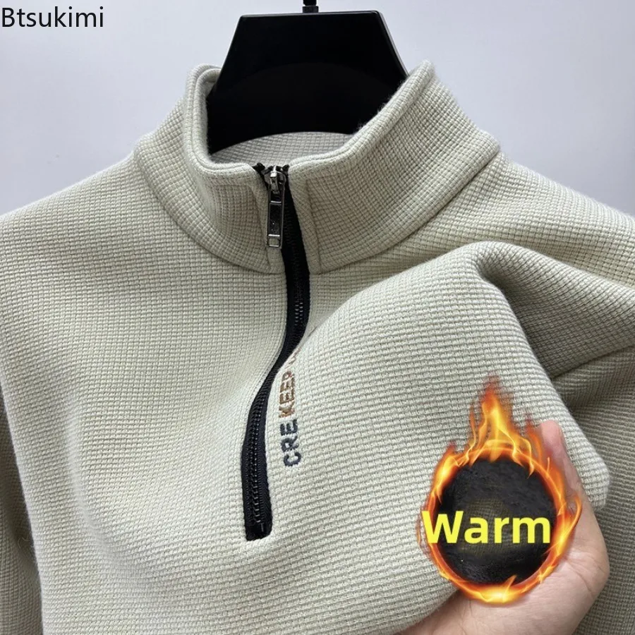 

New Autumn Winter Men's Half Zipper Hoodies Fashion Casual Social Men Pullover Tops Stand Collar Warm Thicken Fleece Sweatshirts