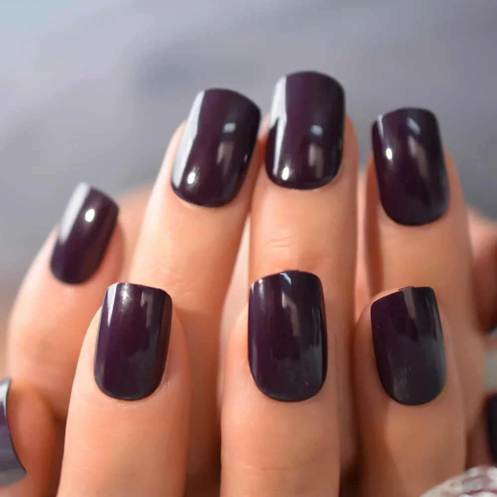 Short Fake Nails Classic Dark Purple False Nails Glossy Square Short Flat Head Fake Nails With Adhesive Blue On Back