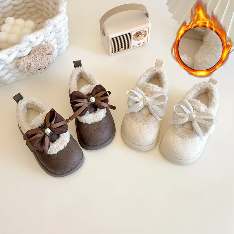 Winter Girls Toddler Kids Cotton Shoes Slip-on Loafers With Fur Moccasin New Childrens Warm Plush Loafers Shoes Non-slip Casual