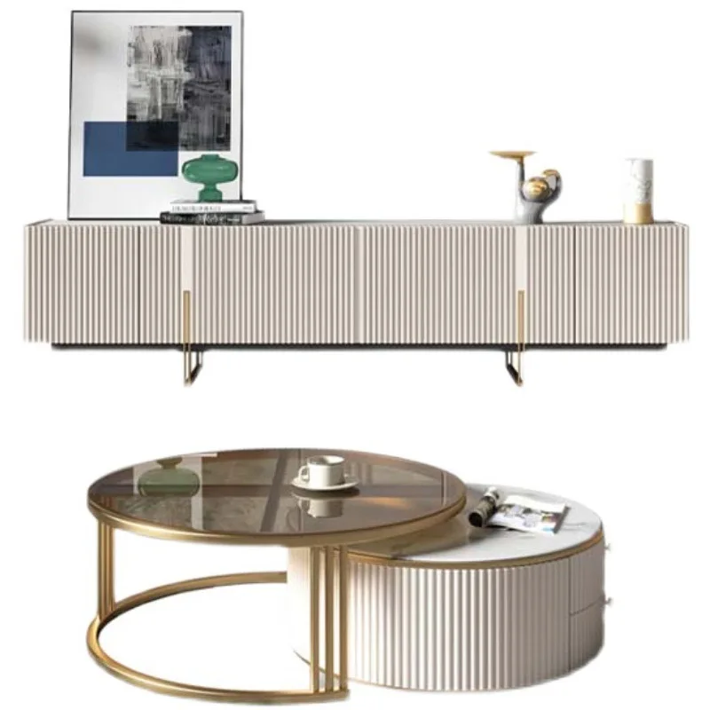 

Rock slab coffee table TV cabinet combination set Modern stainless steel small apartment paint household light luxury la
