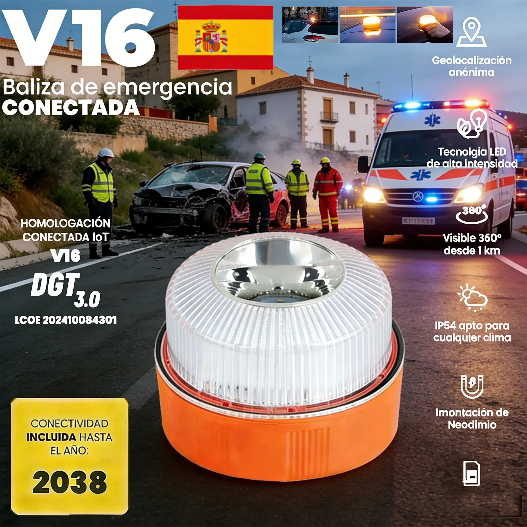 

New V16 Car Emergency Light 2026 Compulsory Use DGT 3.0 Approved with Geolocation Feature Data Valid until 2038