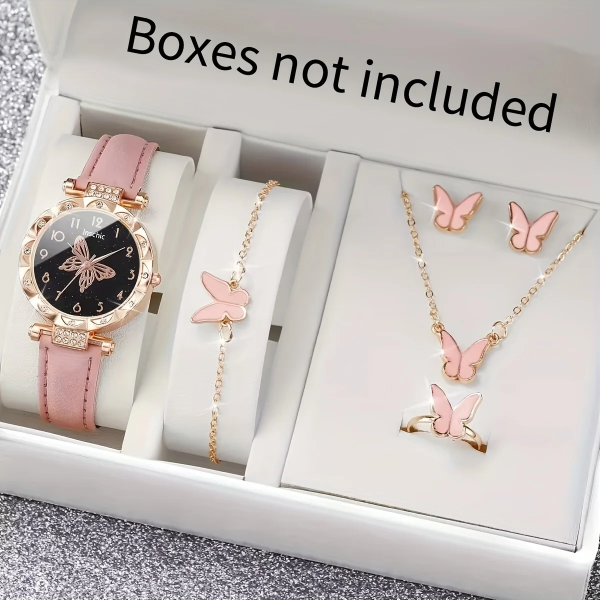 Glamorous Butterfly Watch & Jewelry Set for Women - 6pcs Elegant Rhinestone Quartz Watches with Analog Display